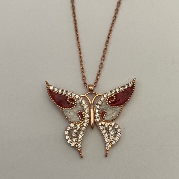 Butterfly 925 silver 14k rose gold plated cz handmade enamel necklace - Picture 4 of 5